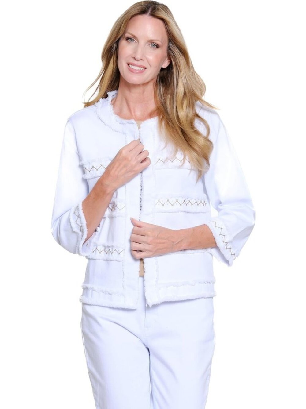 Chic 3/4 Sleeve Open Front Jacket with Fringe & Embroidered Trim - Women's